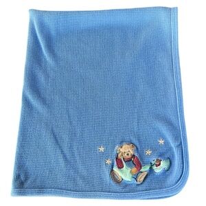 Vintage Blue Jean Teddy Blue Thermal Waffle Knit Baby Blanket Teddy Puppy 26x32
